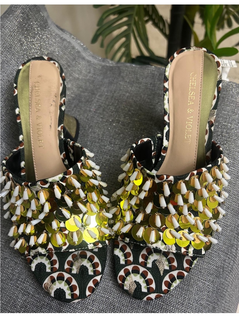 Chelsea & Violet Gold Beaded Patterned Slide Mules